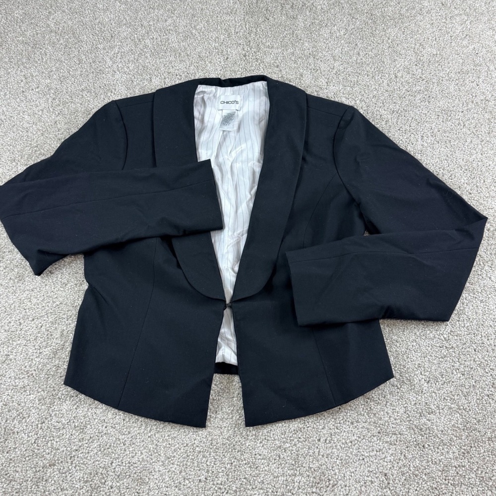 Chico's Blazer Women Size 0 Black Open Front Shawl Collar Professional Workwear‎